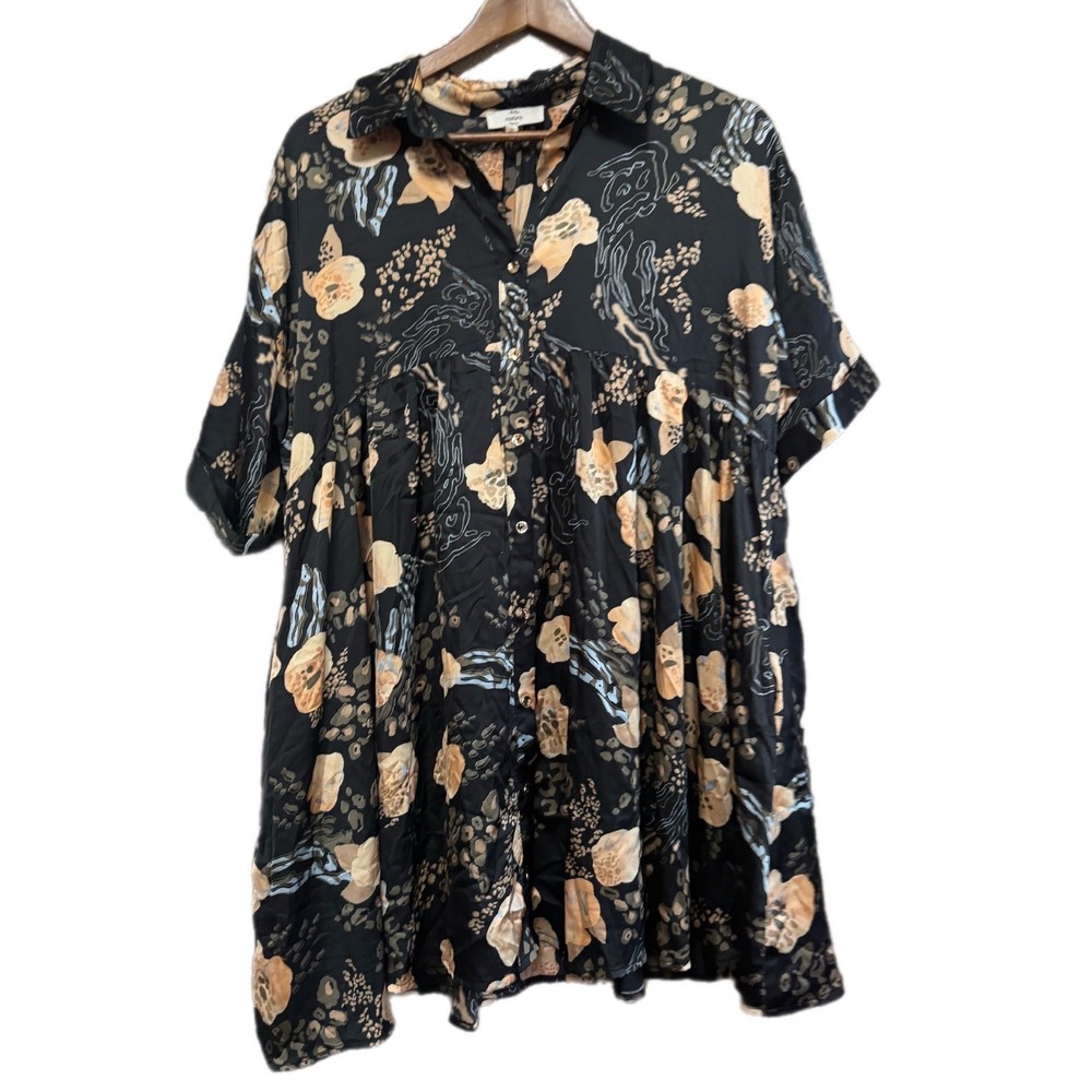 Entro Babydoll Dress Women Small Black Floral Button Up Short Sleeve Excellent